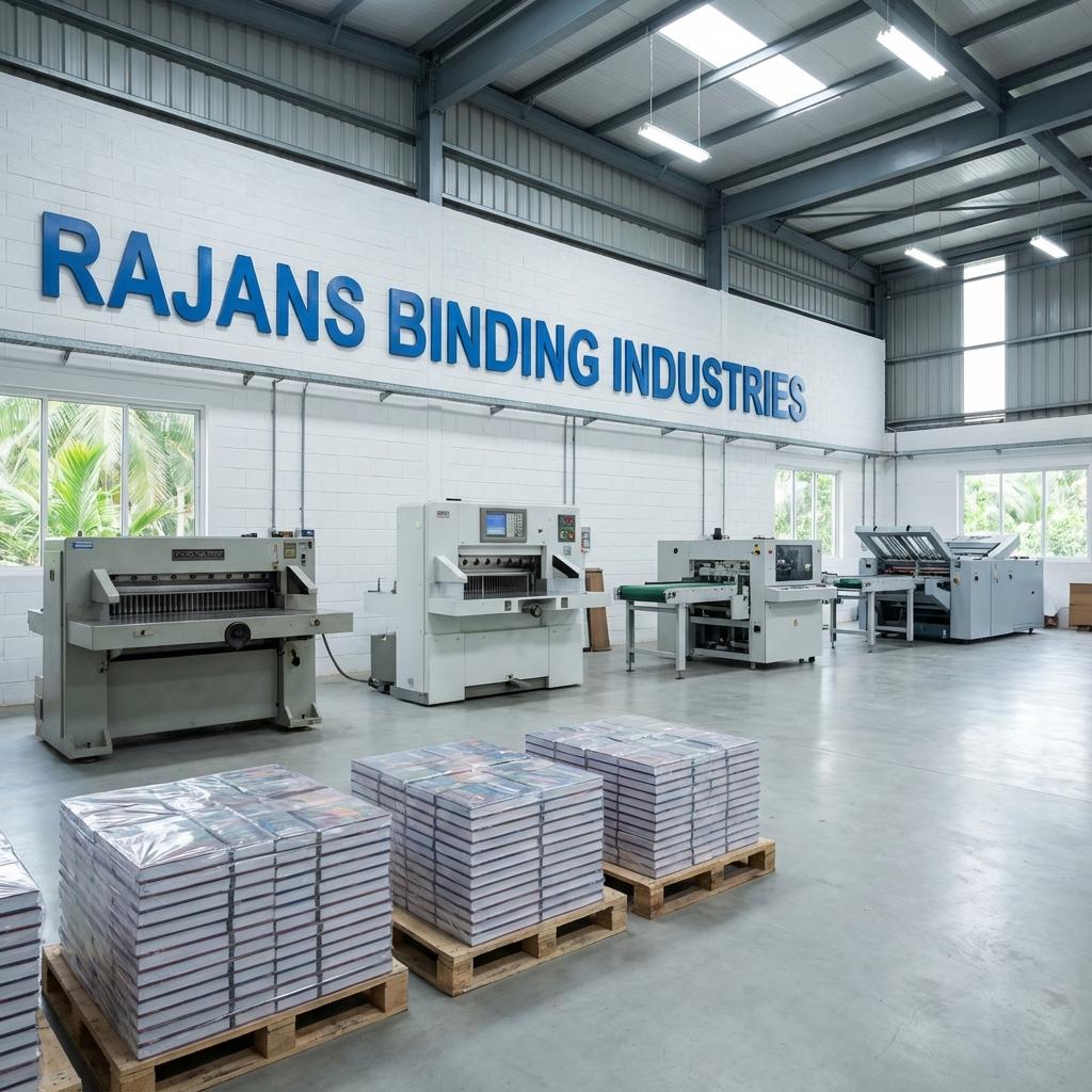 Rajans Binding Industries workshop with binding machinery and stacked books